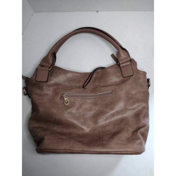 Y2K Taupe Faux Leather Hobo Bag Gold Hardware Buckle Detail Tote Zippers Brown - Picture 2 of 8